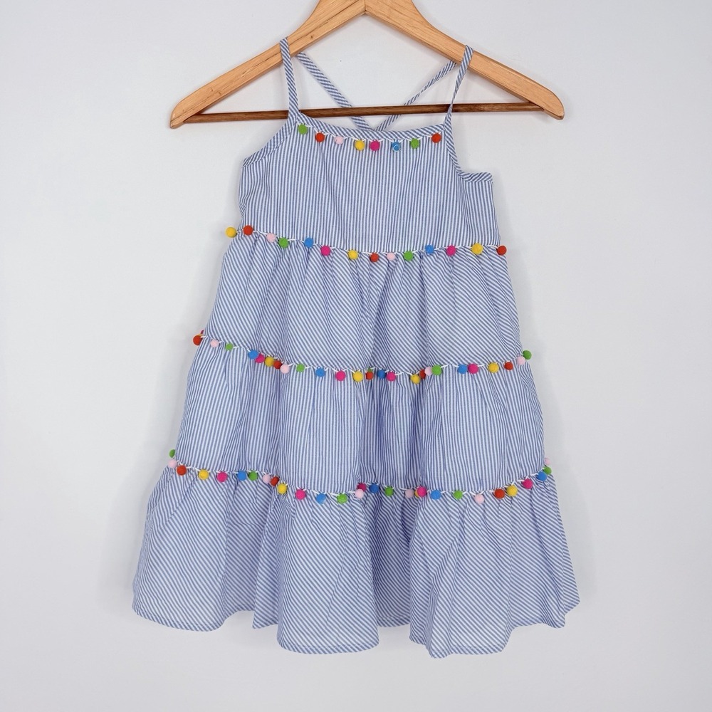 TOMMY BAHAMA BLUE STRIPED TIERED SEERSUCKER DRESS W/ POM-POM DETAIL Girls SZ-7